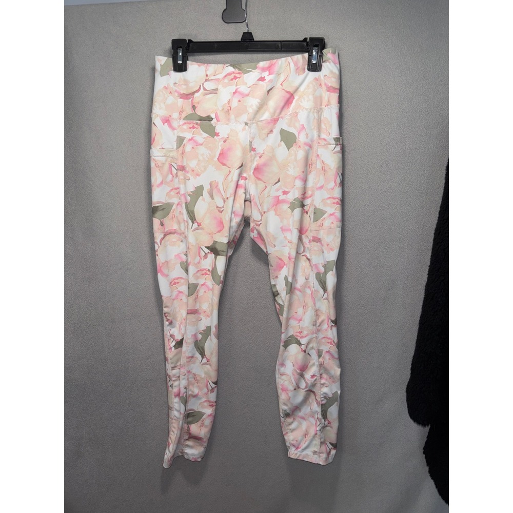 Apana Womens Floral‎ High Waisted Leggings Pink White Watercolor Side Pockets L